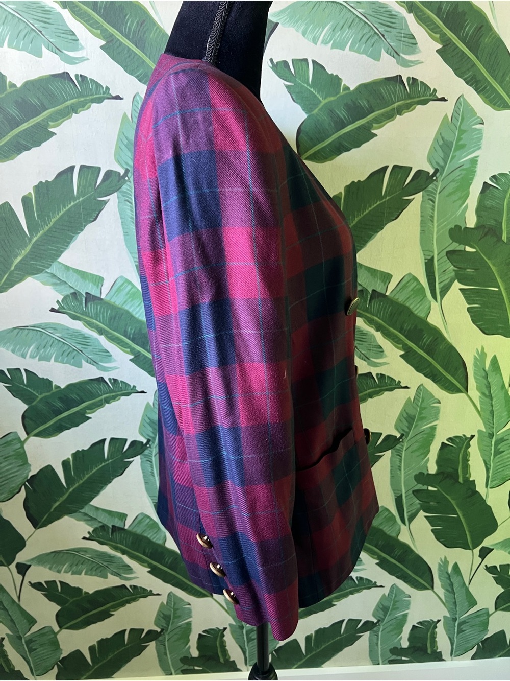 Vintage Worthington Petite Burgundy Navy Blue Plaid Check Preppy Blazer 10 - Picture 6 of 7